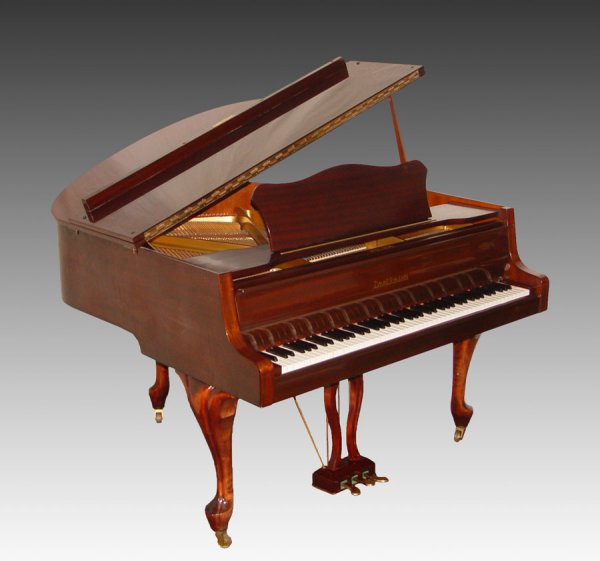 ZIMMERMAN BABY GRAND PIANO: ZIMMERMAN MAHOGANY BABY GRAND PIANO: Circa late 1970's, 88 ivory appearance and ebony appearance keys. 40'' h. x 55'' x 57 1/2''. Sold with Queen Anne style piano bench. 20'' h. x 29'' x 14 1/2''.