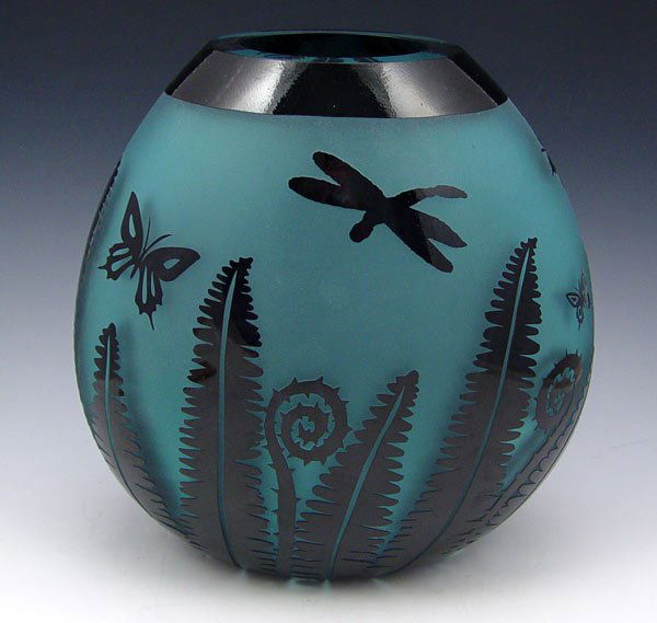 DUNCAN MCCLELLAN ART GLASS FERN & DRAGONFLY VASE: MCCLELLAN, Duncan, (American 1955-): Carved glass art vase in a fern and dragon fly design. 10" h. x 11" x 7".