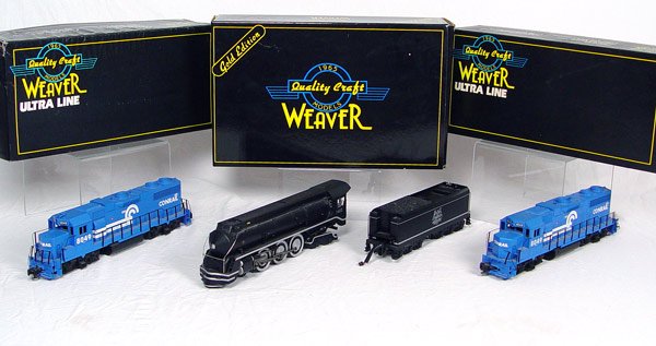3 PIECE WEAVER TRAINS ENGINES IN BOXES: 3 PIECE WEAVER TRAINS ENGINES IN BOXES: To include 1) #G1704LP New York, New Haven & Hartford 1-5 4-6-4, 3 rail with sound. 2) Two GP38-2 Diesel locomotives, 3 rail 7510 / 8049.