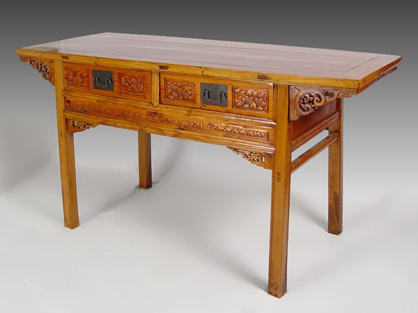 CHINESE CARVED ELM 2 DRAWER TABLE: CHINESE CARVED ELM 2 DRAWER TABLE: 32 3/4" h. x 60 1/4" x 24 3/4".