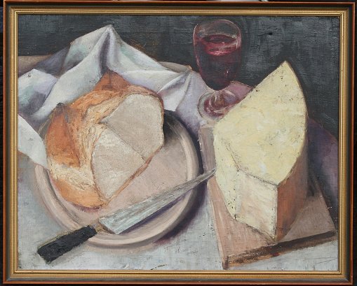 GOOD STILL LIFE PAINTING OF CHEESE/BREAD
