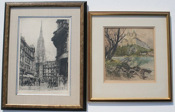2 LUIGI KASIMIR ETCHINGS: KASIMIR, Luigi, (Austrian, 1881-1962): 2 Etchings, estate signed, "Melk on the Danube", sight size 9 3/4" x 9", 16 1/2" x 15 1/2" with frame; Austria, Vienna, St. Stephen's Graben, 14' x 9 1/2" sight 