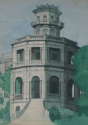 EMILIO SANCHEZ CUBAN WATERCOLOR OF MANSION: SANCHEZ, Emilio, (Cuba, 1921-): Mansion, Watercolor, 29'' x 21 1/2'', signed, framed, 36 1/2'' x 29''. From the Dr. Andrew Haraway Collection.