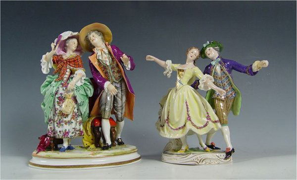 2 PORCELAIN FIGURAL GROUPS CAPO DI MONTE: 2 PORCELAIN FIGURAL GROUPS: 1) Capo-di-Monte, 11" tall, crown N mark. 2) Unmarked, 9" tall.