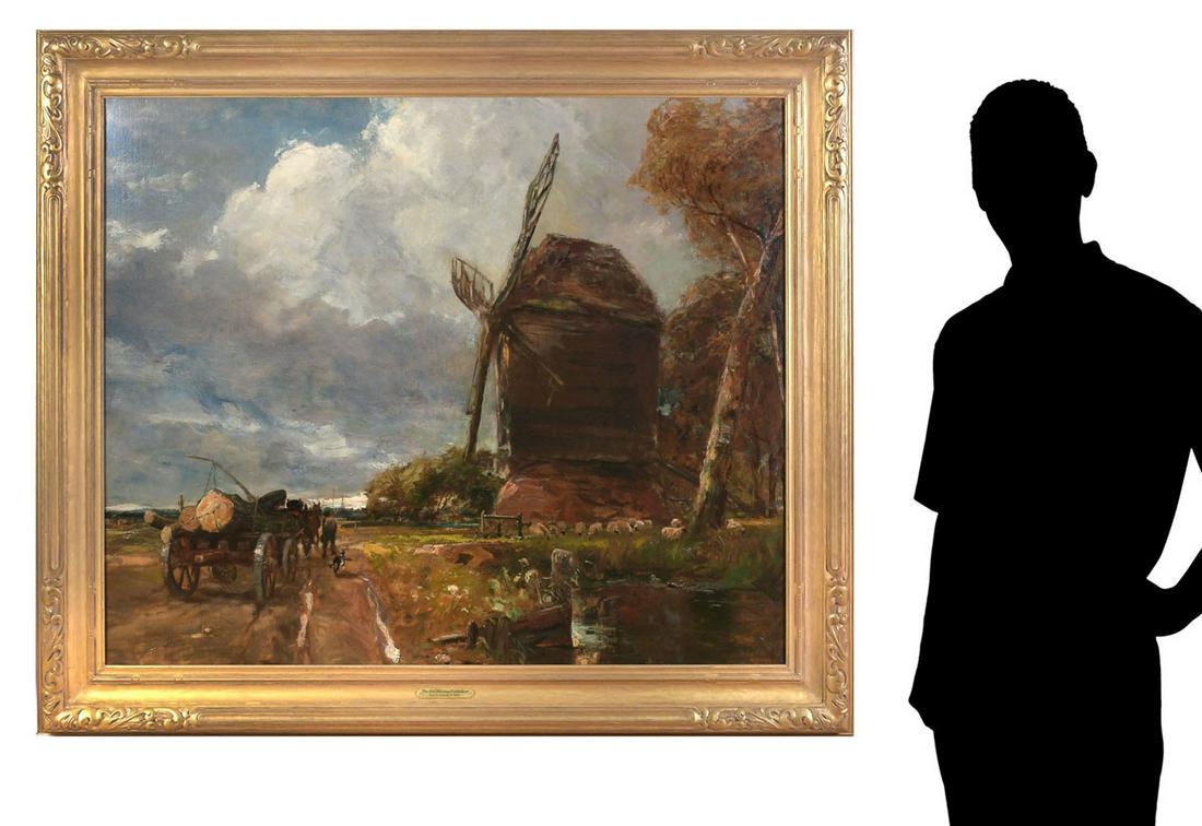 DUTCH SCHOOL PAINTING IN NEWCOMB-MACKLIN FRAME: MUSEUM QUALITY DUTCH SCHOOL PAINTING IN FABULOUS NEWCOMB-MACKLIN FRAME: "The Old Mill Near Rotterdam, circa 1880", Oil/Canvas, 40" x 49", carved and gilded Newcomb-Macklin frame, 49.5" x 58.5".