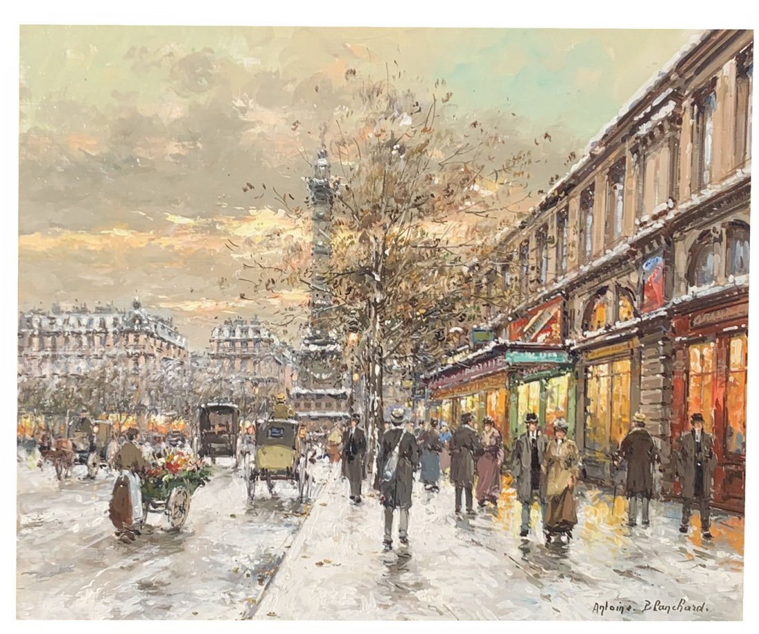LARGE ANTOINE BLANCHARD PARIS STREET PAINTING: BLANCHARD, Antoine, (French, 1910-1988): "Place de la Bastille", Oil/Canvas, 18" x 22", signed lower right in frame, 28.5" x 32.5".