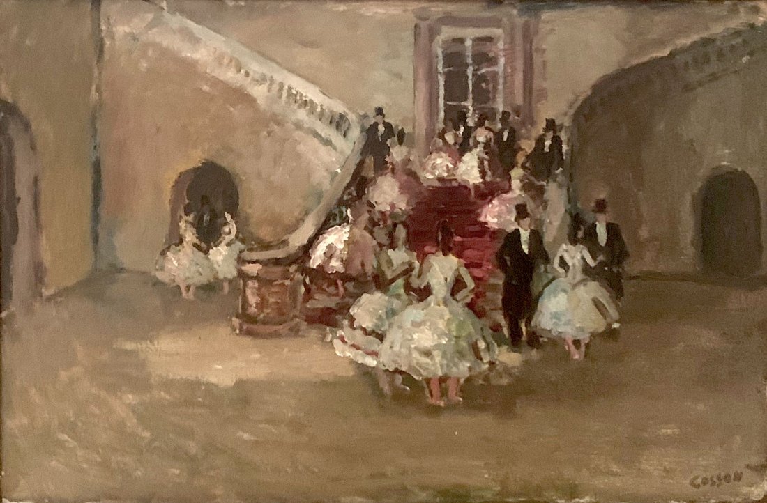 JEAN LOUIS MARCEL COSSON ENTRANCE TO THE BALL PAIG: COSSON, Jean Louis Marcel, (French, 1887-1956): Entrance to The Ball, Oil/Wood, 10.5" x 16.25", signed lower right, pierce carved gilded gesso frame, 18" x 23.5". JEAN LOUIS MARCEL COSSON ENTRANCE TO 
