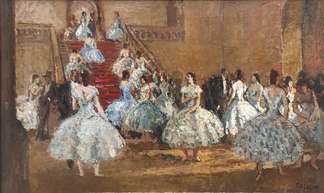 JEAN LOUIS MARCEL COSSON AT THE OPERA PAINTING: COSSON, Jean Louis Marcel, (French, 1887-1956): Interior Scene at The Entrance of The Opera, Oil/Canvas, 15" x 24", signed lower right, fine gilded gesso framing, 23" x 32".
