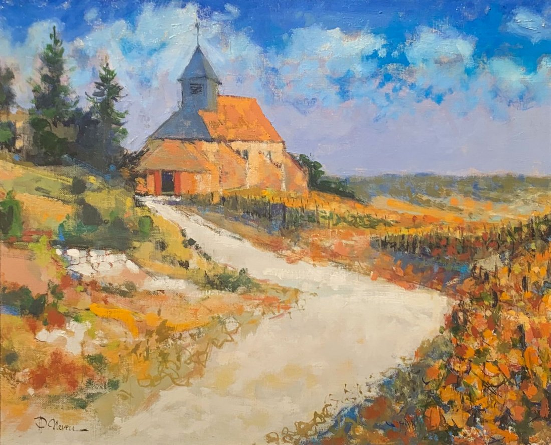 PIERRE NEVEU FRENCH LANDSCAPE PAINTING: NEVEU, Pierre (French, 1929-): "Mutigny" - Landscape with Church, Oil/Canvas, 15" x 18", signed lower left, titled verso, fine America West gilded frame, 25" x 28.25".