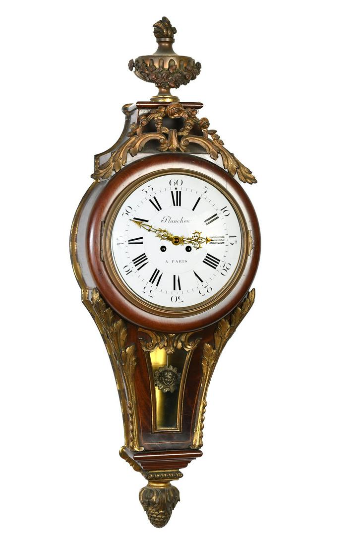 GILT 19TH CENTURY FRENCH CARTEL CLOCK: GILT 19TH CENTURY FRENCH CARTEL CLOCK: French gilt cartel wall clock with urn finial, marked under domed glass ''Planchon Paris'' at face & verso of clockworks. Scrolling foliate ormolu mounts. A.D. M