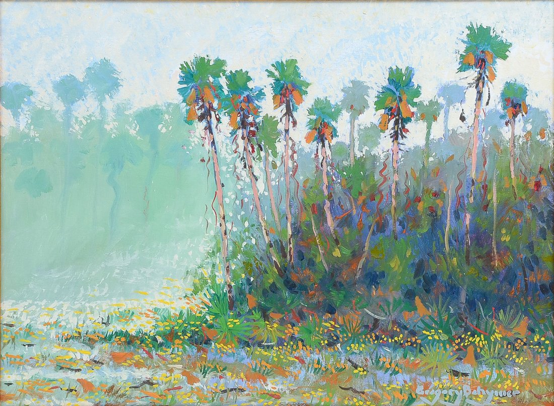 GREGORY BEHYMER PALM JUNGLE SAINT JOHN'S RIVER FLG: BEHYMER, Gregory Lee, (American, 1952-): "Palm Jungle, Saint John's River, Florida", Oil/Canvasboard, 18" x 24", signed lower right, titled verso, framed, 21.5" x 27.5".
