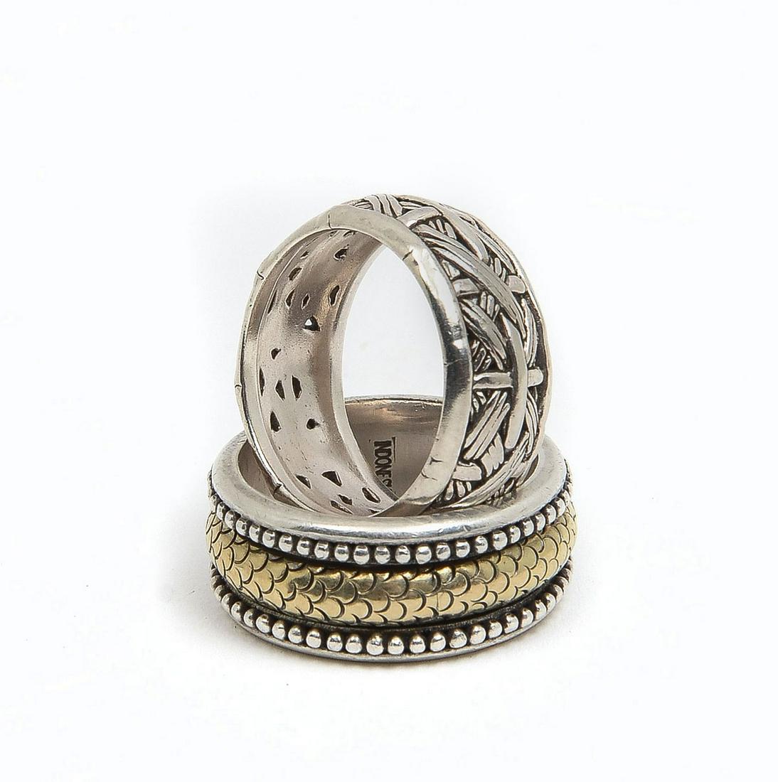 JOHN HARDY STERLING & 18K AND STERLING MENS RINGS: JOHN HARDY STERLING & 18K AND STERLING MENS RINGS: 2 handsome John Hardy ring. The sterling band is .25'' wide and is size 10. The other ring is also .25'' w and is size 10.75 with an 18K middle band