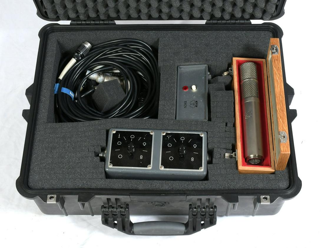 AKG C24 STEREO DIAPHRAGM TUBE CONDENSER MICROPHONE: AKG C24 COMBINATION: C24 stereo large diaphragm tube condenser microphone with S24 sterio pattern selector and N24B 220v power supply unit, all in a padded Pelican 1600 case. From the Estate of John A