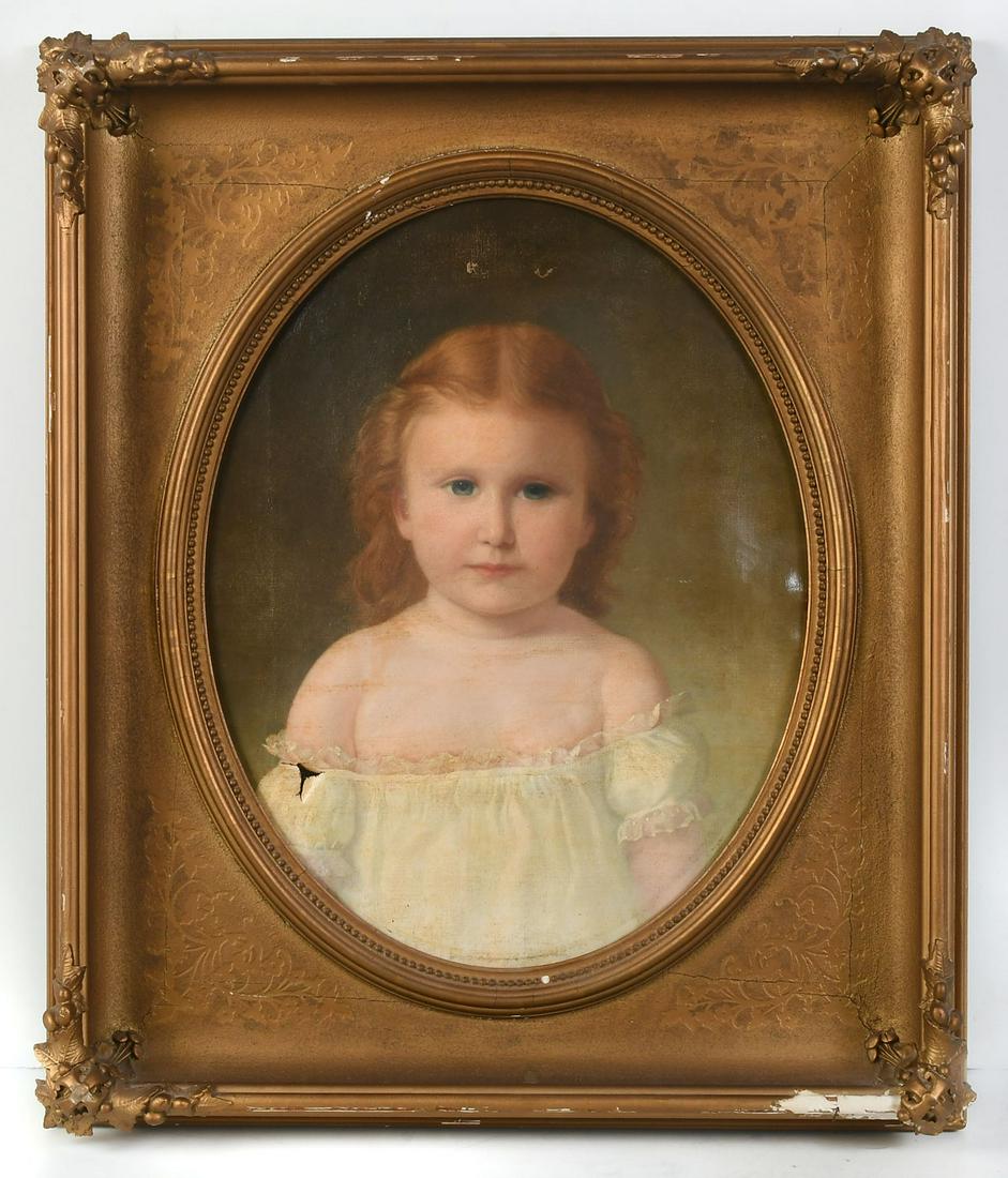 EARLY 19TH CENTURY PORTRAIT OF THE RED HEADED CHIL: EXCELLENT EARLY 19TH CENTURY PORTRAIT OF THE RED HEADED CHILD JULIA BALDWIN: Oil/Canvas, Painted in Oval and stretched rectangular, 19'' x 15'', possible faint signature in right margin, foliate motif