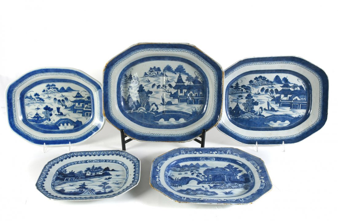 5 PC. CHINESE CANTON BLUE WILLOW TRAYS: 5 PC. CHINESE CANTON BLUE WILLOW TRAYS: Comprising; All having the blue willow pattern. Largest Approx. 2.75" h x 16.75" l x 13.75" w.