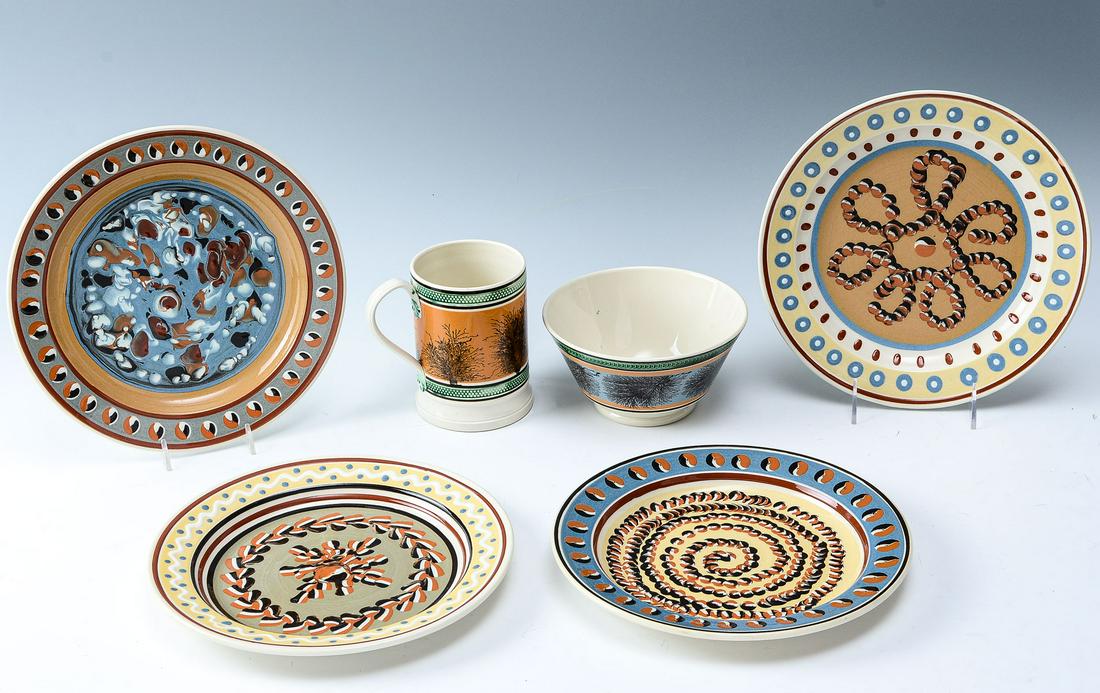 6 PC. DON CARPENTIER MOCHAWARE COLLECTION: 6 PC. DON CARPENTIER MOCHAWARE COLLECTION: Comprising; 4- Plates, 1- Bowl, & 1- Mug. Largest Approx. 10" Dia.