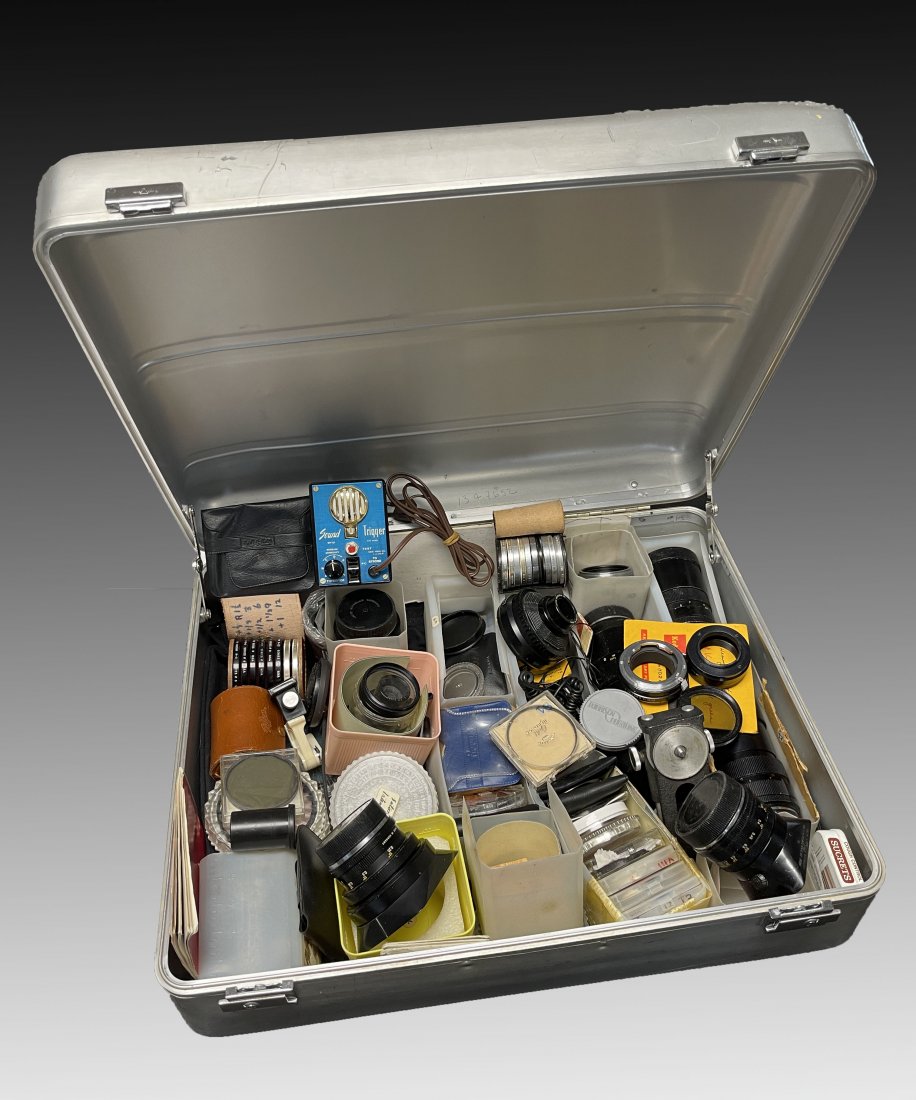 SUITCASE FULL OF LENSES AND FILTERS: SUITCASE FULL OF LENSES AND FILTERS: Estate of Jon Silengo, Photographer for the Military, Disney and Instructor at El Camino College CA.