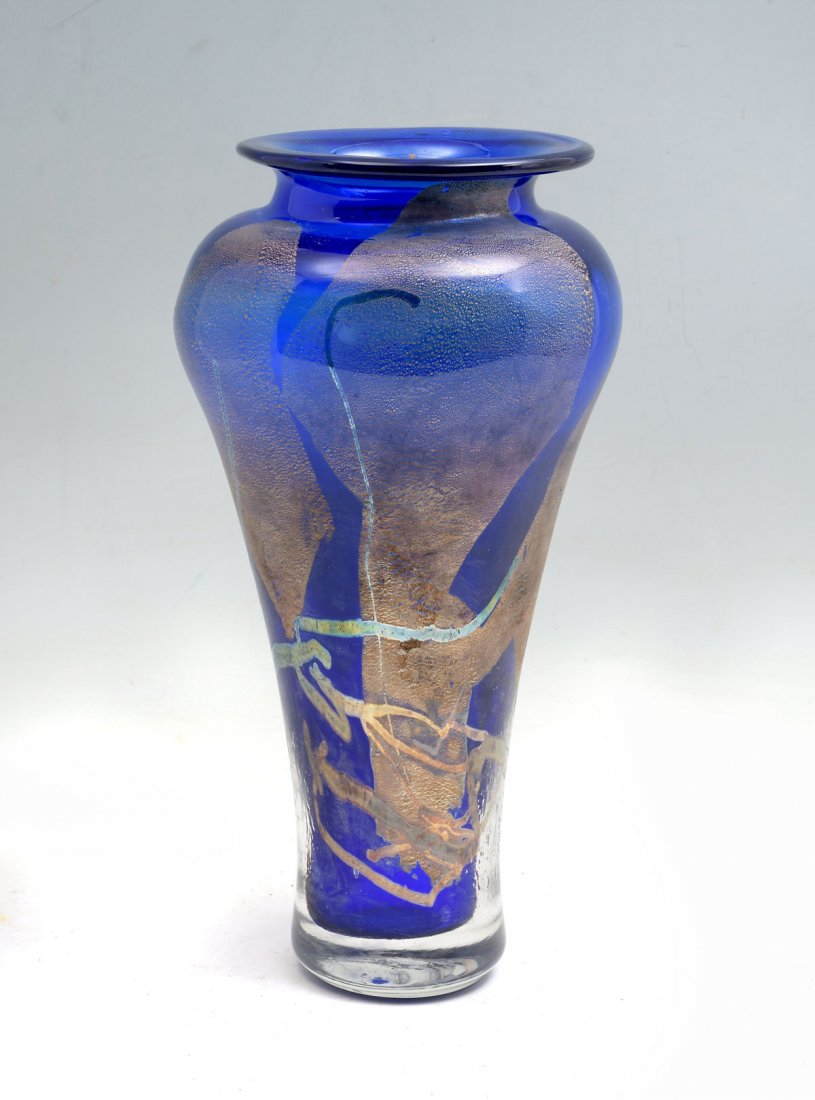 SUSAN GOTT CAST GLASS "SILVERLEAF VESSEL": GOTT, Susan, (American, 20th/21st C): Predominantly blue vase with a silverleaf design. Measures 14.75" and 6" across opening. Signed on the bottom and titled "Silverleaf Vessel".