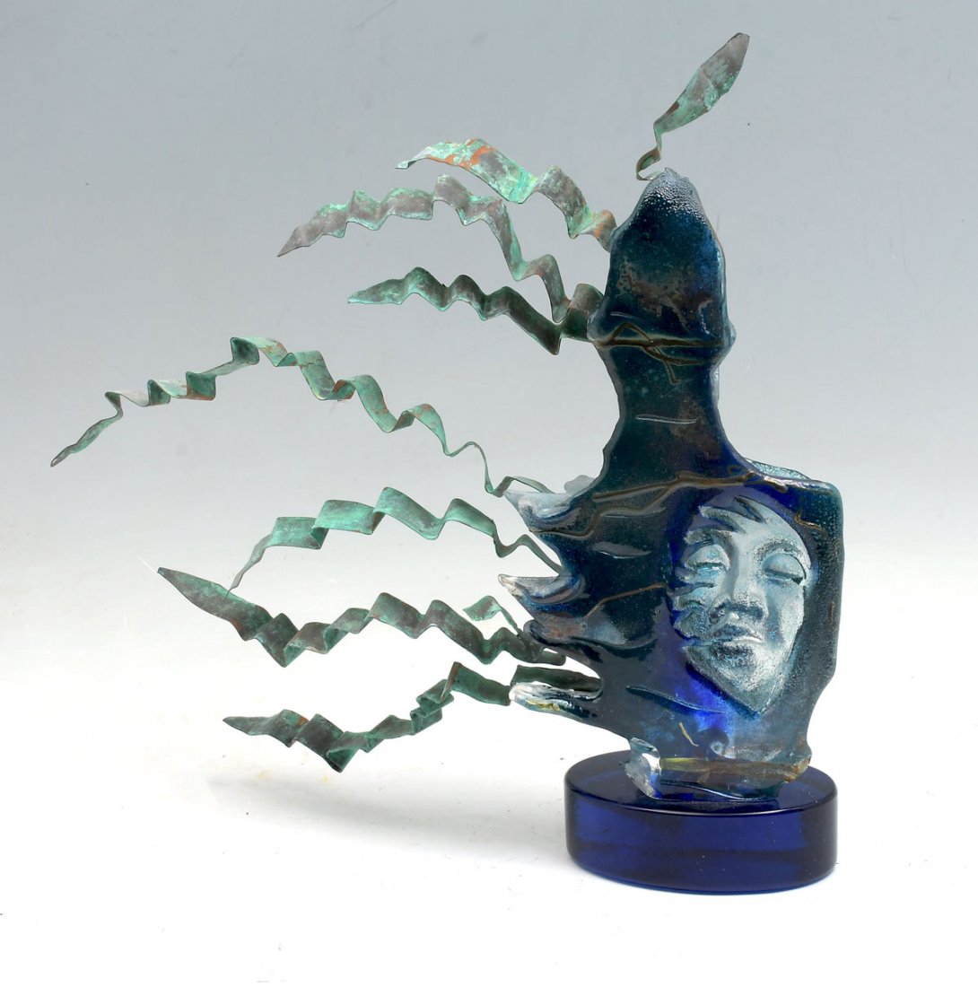 SUSAN GOTT "WIND SPIRIT" ART GLASS SCULPTURE: GOTT, Susan, (American, 20/21st Century): Gott's "Wind Spirit" begins with a blue/green sculpture with copper streams creating the impression of wind, on a blue glass plinth. Signed with the name of t