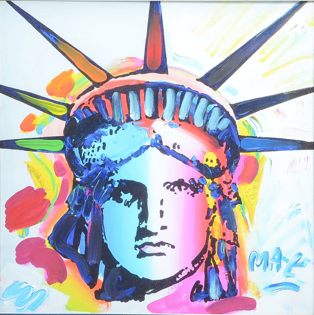 PETER MAX MIXED MEDIA "LIBERTY VII": MAX, Peter, (American/German, 1937-): "Liberty VII", Mixed Media, sight size 15" x 15", signed lower right, "Peter Max 2004" stamped verso, reads "This Peter Max artwork entitled Liberty VII is a vari