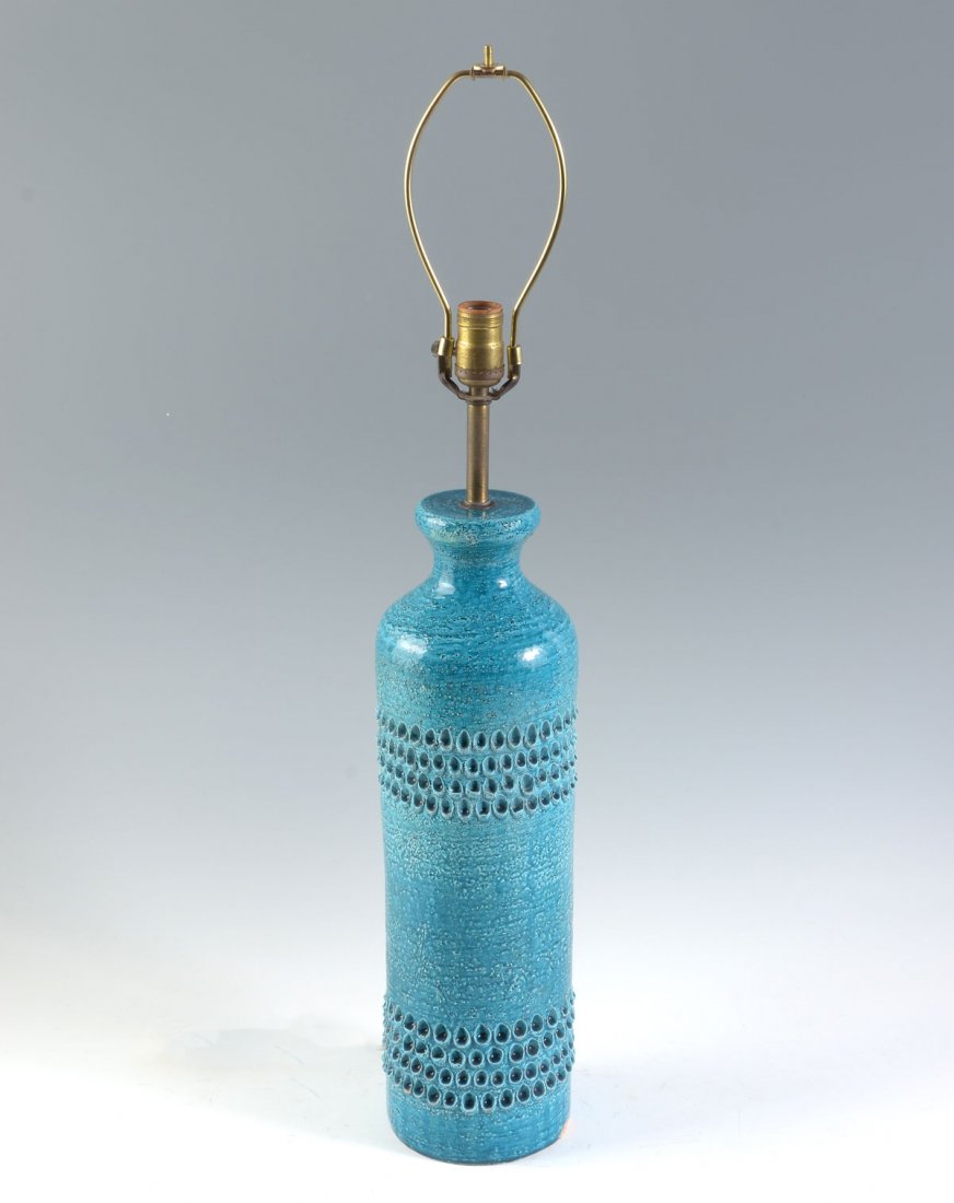TURQUOISE BITOSSI CERAMIC LAMP BY ALDO LONDI: TURQUOISE BITOSSI CERAMIC LAMP BY ALDO LONDI: 32'' turquoise ceramic table lamp signed on the bottom. Decorated with 2 bands of 4 rows of divots that are emphasized by the glaze collected in them. Cer