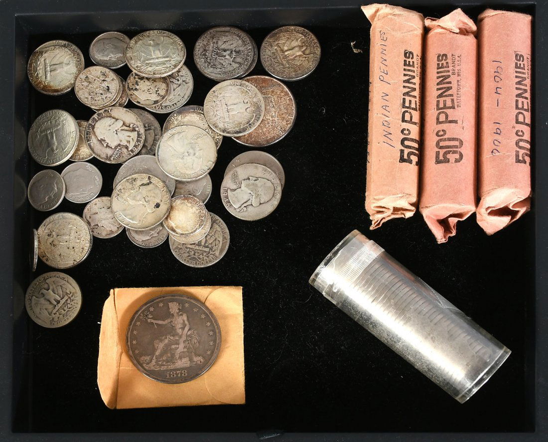 U.S. SILVER COINS, BUFFALO NICKLES, & INDIAN HEAD: UNITED STATES SILVER COINS, BUFFALO NICKLES, & INDIAN HEAD: Comprising; 3- Rolls of Indian Head pennies, 1- Roll of Buffalo nickels, 1- Silver Kennedy half dollar, 14- Silver Roosevelt dimes, 19- Silv