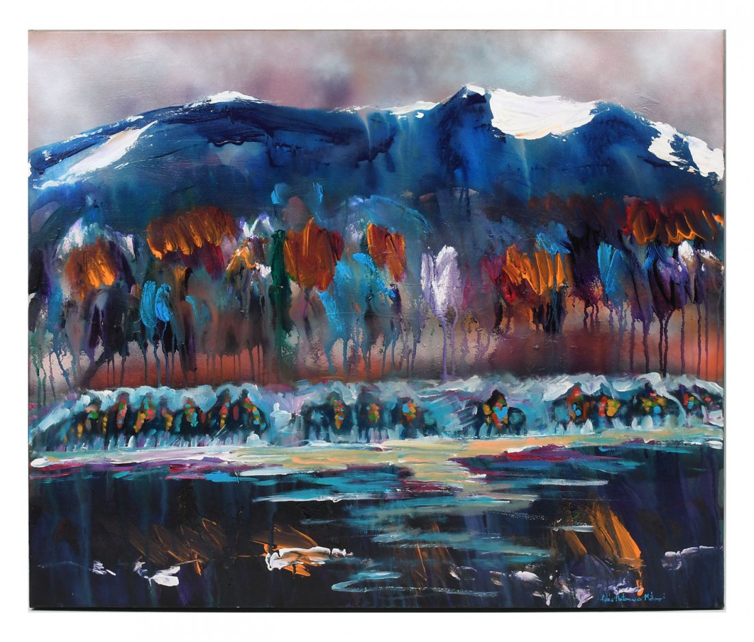 PABLO ANTONIO MILAN NATIVE AMERICAN PAINTING: MILAN, Pablo Antonio, (American, 1961-2017): Native American Indian Tribe on horseback in a Winter Lakeside Landscape, 30" x 36", signed lower right, unframed.