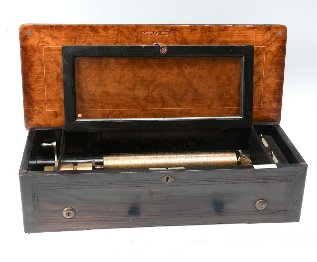 MERMOD? MUSIC BOX: MERMOD? MUSIC BOX: Serial #91001, 2.125 x 11" cylinder. Banded inlay. Case Approx. 8.25" h x 22" l x 5.5" w.