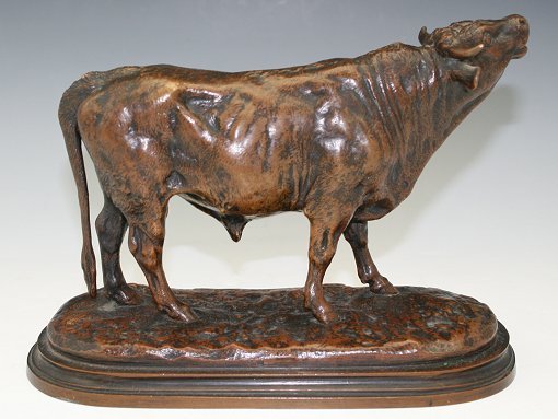 ROSA BONHEUR BULL BRONZE: BONHEUR, Rosa, (French, 1822-1899): Bull, Bronze, 5 1/2'' h., 8'' l., signed, with marble plinth.