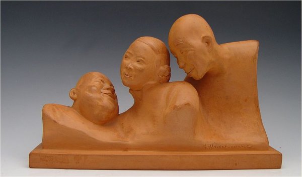 GASTON HAUCHECORNE TERRA COTTA SCULPTURE: HAUCHECORNE, Gaston, (French, 1880-1945): "Chinese Girl in the Company of Two Lovers", Terra Cotta Sculpture, 6 3/4" h., 10 1/2" w., incised signature, marked underneath France.