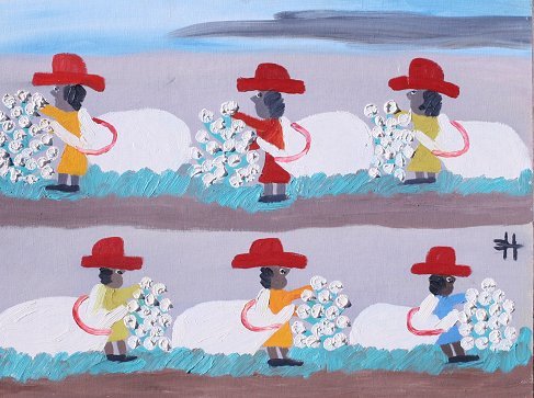 CLEMENTINE HUNTER PICKING COTTON PAINTING: HUNTER, Clementine, (American, 1887-1988): ''Picking Cotton'', OIL/Canvasboard, 18'' x 24'', monogrammed, framed 22 1/2'' x 29''.
