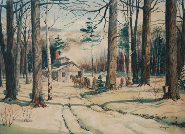 KINLEY SHOGREN WATERCOLOR PAINTING: SHOGREN, Kinley, (American, 1924-1991): Maple Sugaring, Winter Landscape, Watercolor, 21" x 29 1/2" sight size, signed, framed, 27" x 36".