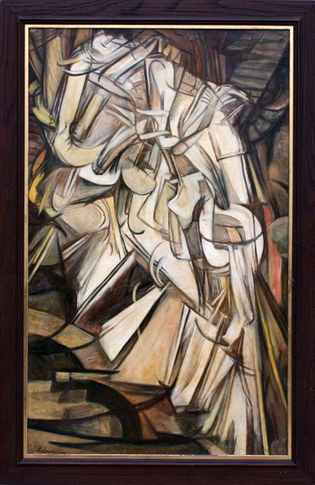 MODERNIST PAINTING AFTER DUCHAMP: OIL/CANVAS "NUDE DESCENDING STAIRCASE", AFTER MARCEL DUCHAMP: 48" x 29 1/4", illegibly signed, framed, 53 1/2" x 35".