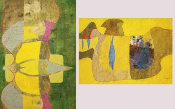 2 JOSE ZUNIGA ABSTRACT PAINTINGS: ZUNIGA, Jose, (20th C.): 2 pieces Abstract Compositions, OIL/Canvas, "Pajaro Erotico", 34" x 32", signed, dated 1971, thin edge frame; "Pajaro Amarillo", signed, 32" x 34 1/2", dated 1972, thin edge f
