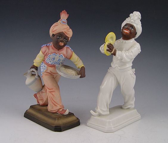 TWO ROSENTHAL BLACKAMOOR FIGURINES: PAIR ROSENTHAL BLACKAMOORS: 1) One of the Meisel musicians #1055, 7 3/4'' tall. 2) Meisel / Otto Koch server, 7 1/2'' tall.