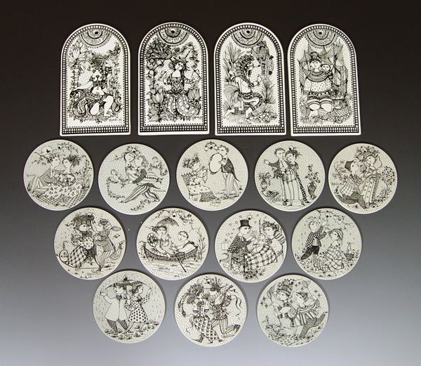 16 PC BJORN WIINBLAD NYMOLLE PLAQUES : BJORN WIINBLAD FOR NYMOLLE DANISH CALENDAR PLAQUES AND 4 COMPASS DIRECTIONAL PLAQUES: The set of 12 ceramic calendar month plaques are the 6" dia. Produced by Nymolle they represent the story of a cou