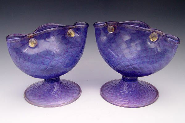 PAIR MURANO GLASS VASES: PAIR MURANO GLASS VASES: A most unusual pail of waffle pattern vases with rims crimped together with aventurine buttons. 17" tall, 9" wide.
