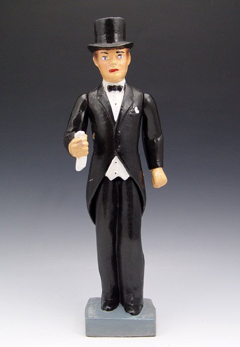 NAUGHTY FOLK ART FIGURE OF MAN IN TOP HAT : NAUGHTY FOLK ART FIGURE OF AN ELEGANTLY DRESSED MAN: In top hat and full tail jacket. Dare to lift him by the waist (he'll expose himself). 15 1/2" tall.