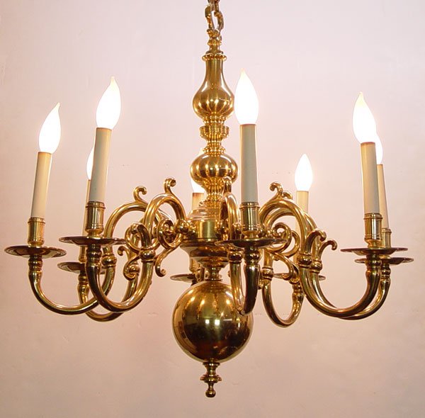 SOLID BRASS 8 ARM CHANDELIER: SOLID BRASS 8 LIGHT CHANDELIER: 25 1/2" h. excluding chain x 26" dia.