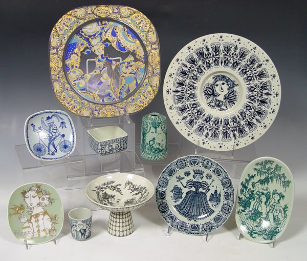 9 PIECE BJORN WIINBLAD, NYMOLLE AND ROSENTHAL: 9 PIECE BJORN WIINBLAD, NYMOLLE AND ROSENTHAL: Rosenthal Studio line glass wall hanging charger 11 1/4" and 5" plate, Nymolle 12" charger, Nymolle "cigarette" dish, "Garden Party" toothpick, "Praline"