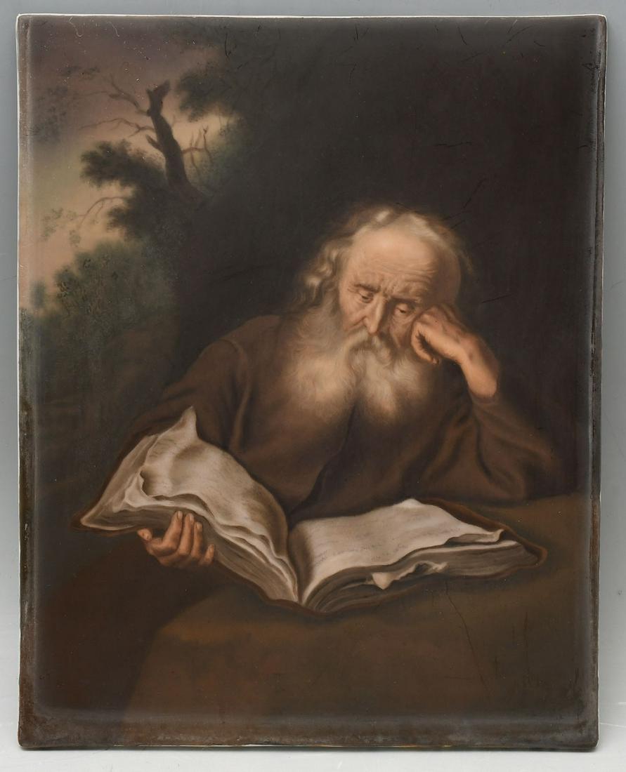 KPM PAINTED PORCELAIN PLAQUE ST JEROME READING: KPM PAINTED PORCELAIN PLAQUE ST JEROME READING: 11'' x 8.5'', impressed marked verso, contemporary frame 19.25'' x 17''.
