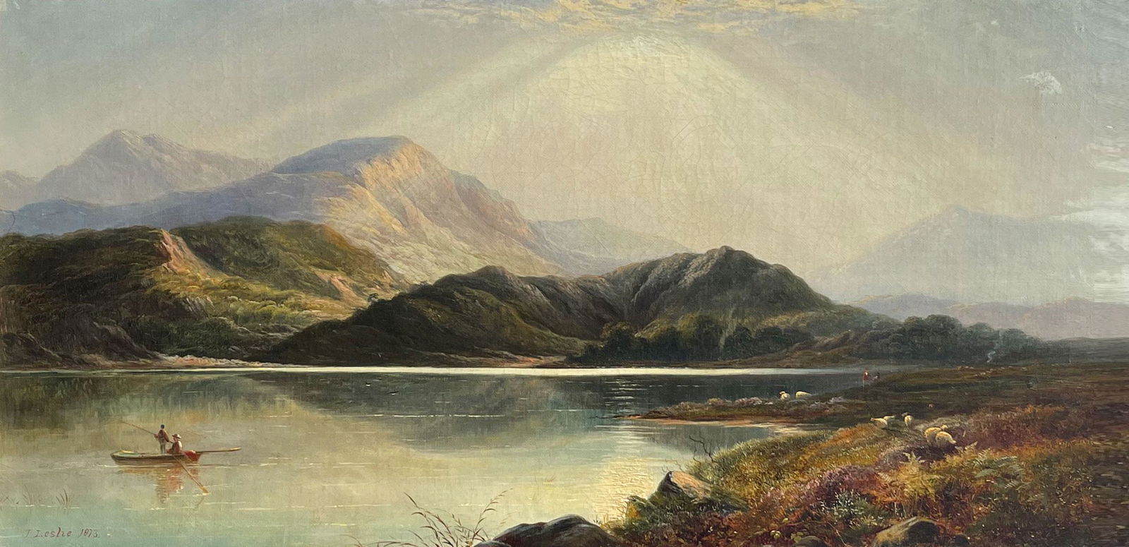 J. LESLIE FISHING ON A HIGHLAND LOCH PAINTING: LESLIE, John, (English, 1822-1916): Fisherman on a Peaceful Highland Loch with Shepherd and His Flock Grazing the Coast and a Dramatic Light Break in the Sky, Oil/Canvas, sight size 11.5'' x 23'', sig