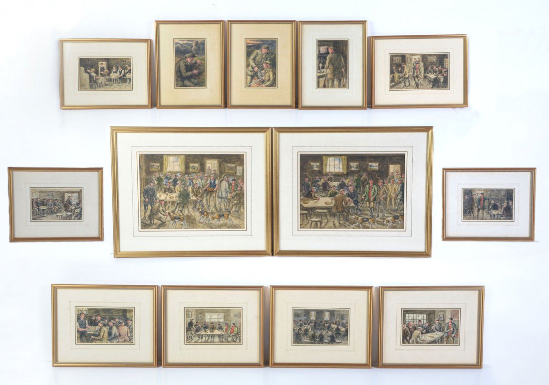 13 PIECE G.A. SHORT WATERCOLOR PAINTING LOT: SHORT, George Anderson, (English, 1856-1945): To Include: 1) Two Watercolors Depicting the Interior of a Hunting Lodge After the Hunt, both of which are sight size 10.75" x 14.5", signed lower right a