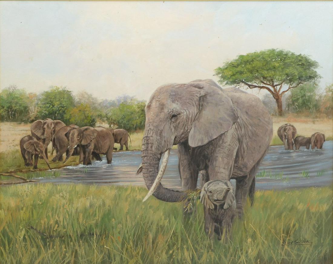 DAVID STRIBBLING ELEPHANTS WATERING PAINTING: STRIBBLING, David, (English, b. 1959): Herd of Elephants Watering, Oil/Canvasboard, sight size 19.5" x 23.5", signed lower right, framed, 26" x 30".