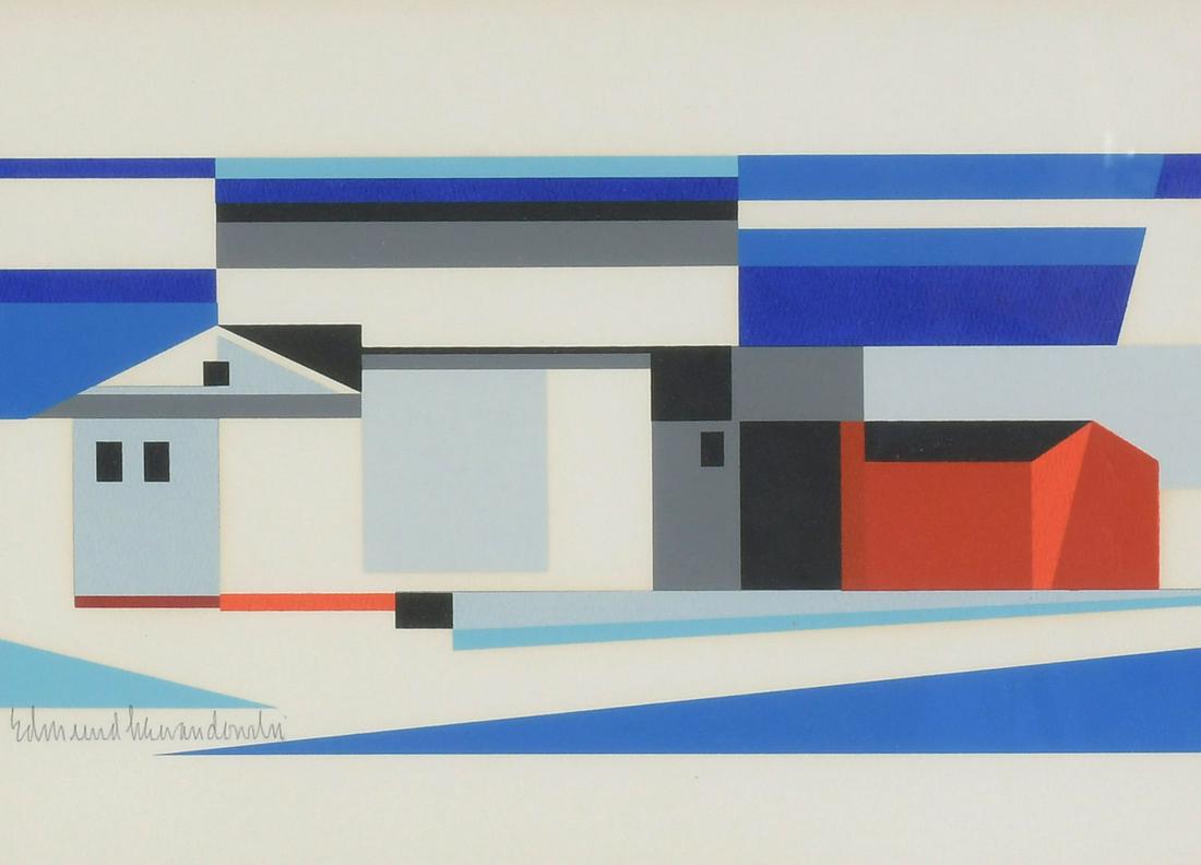 EDMUND LEWANDOWSKI PRECISIONIST PAINTING: LEWANDOWSKI, Edmund D., (American, 1914-1998): Precisionist Winter Landscape with Barn, Gouache, sight size 8.25'' x 11.5'', signed lower left, framed, 14'' x 17''.