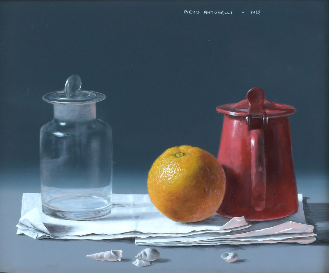 PIERO ANTONELLI REALIST STILL LIFE PAINTING: ANTONELLI, Piero, (Italian, 1916-1990): Realist Still Life with Crystal Apothecary Jar, Orange, and Enameled Tin Kettle with Paper and Shelves, Oil/Board, sight size 9.5" x 11.5", signed upper right a
