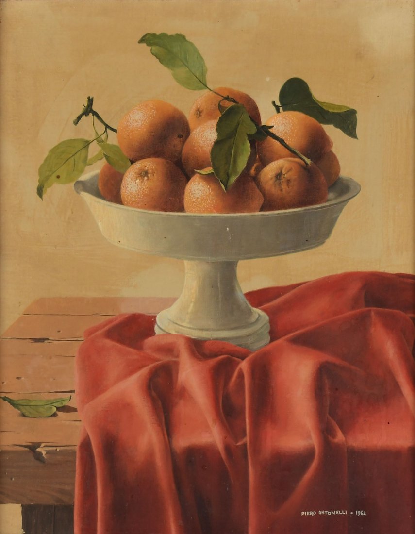 PIERO ANTONELLI STILL LIFE OF ORANGES: ANTONELLI, Piero, (Italian, 1916-1990): Still Life of Oranges, Oil/Canvasboard, sight size 19.25" x 15", signed lower right and dated 1962, framed, 22.25" x 18.25".
