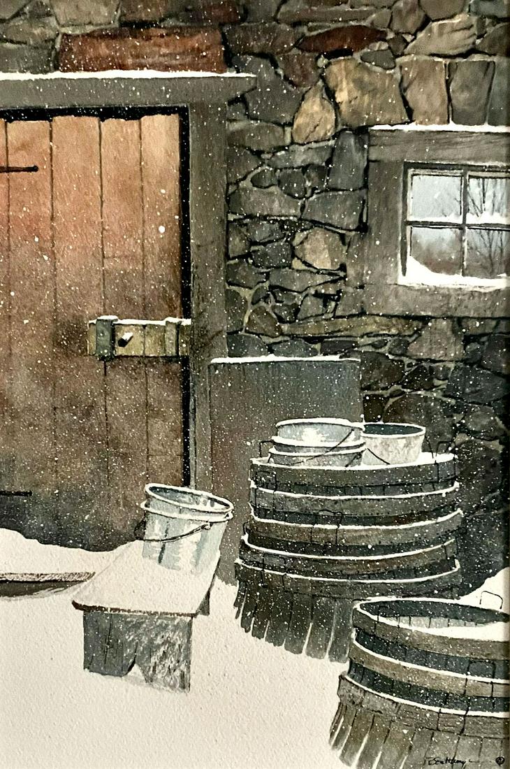 PETER SCULTHORPE WATERCOLOR PAINTING: SCULTHORPE, Peter, (American/Canadian, b. 1948): ''Stacked Baskets'', Watercolor, sight size 12'' x 7.75'', signed lower right, label affixed verso, framed under glass, 19.75'' x 16''.