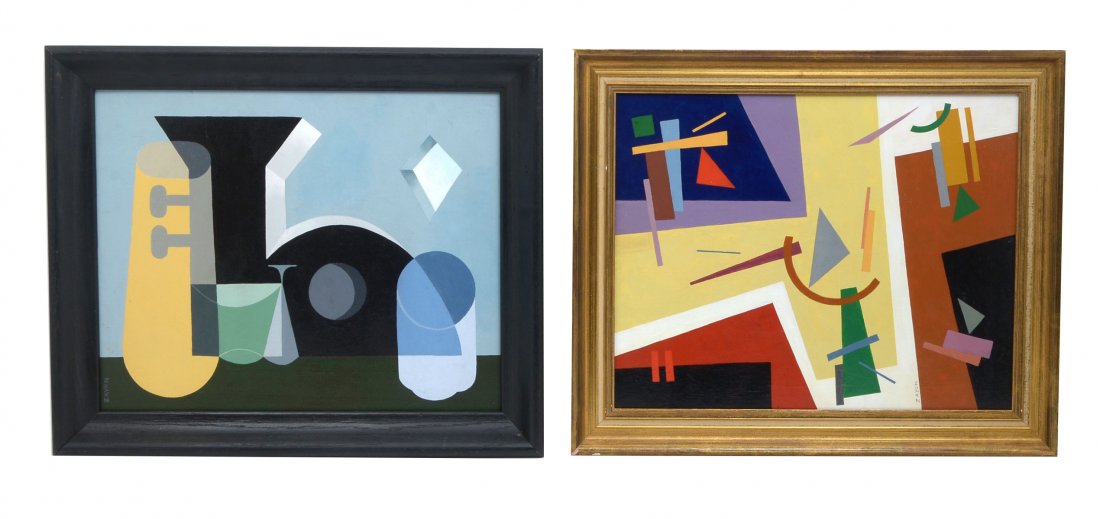 TWO PIECE ZAYON CUBIST STYLE PAINTING LOT: ZAYON, Seymour, (American, b. 1930): Two Cubist Style Paintings: 1) Abstract Composition, Oil/Canvas, 16" x 20", signed lower right and verso, framed, 19" x 23"; 2) Cubist Abstract Composition with Ve