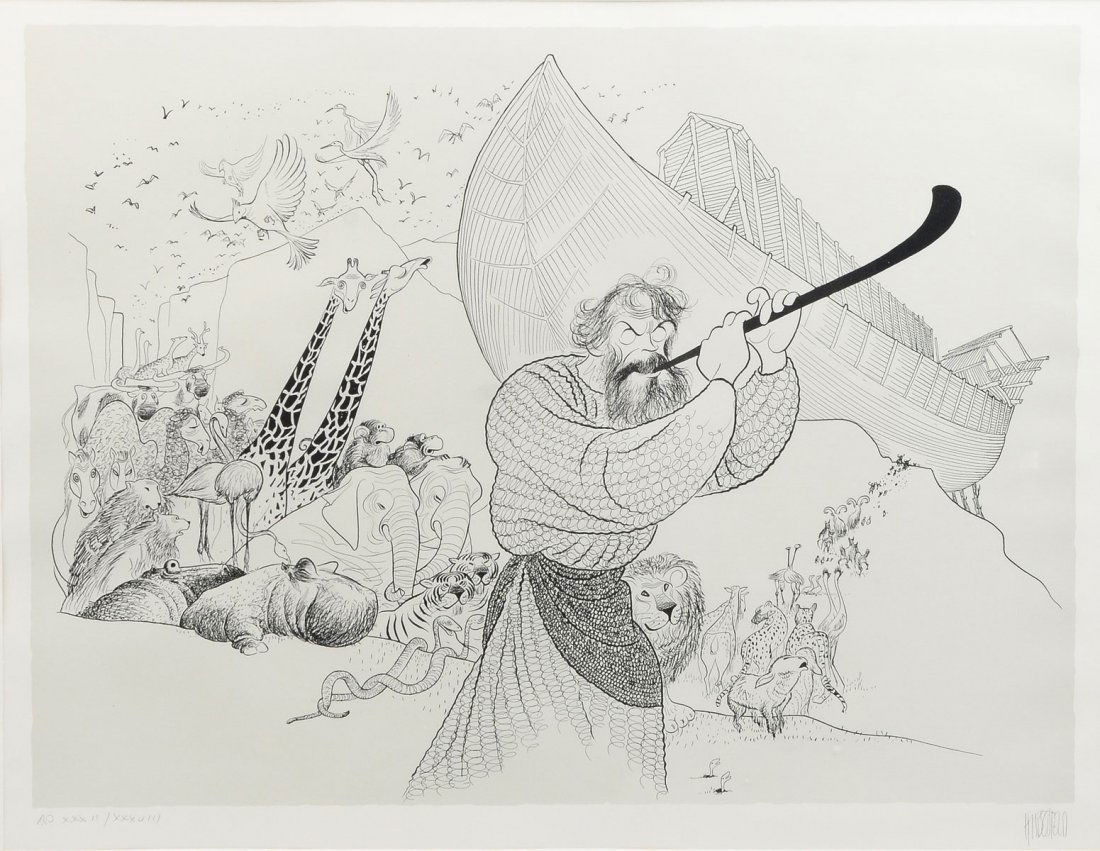 AL HIRSCHFELD NOAH'S ARK LITHOGRAPH: HIRSCHFELD, Albert, (American, 1903-2003): Noah's Ark, Lithograph, sight size 17" x 21.75", pencil signed lower right, numbered Artist's Proof XXXII/XXXVIII, framed, 23.25" x 28.25".